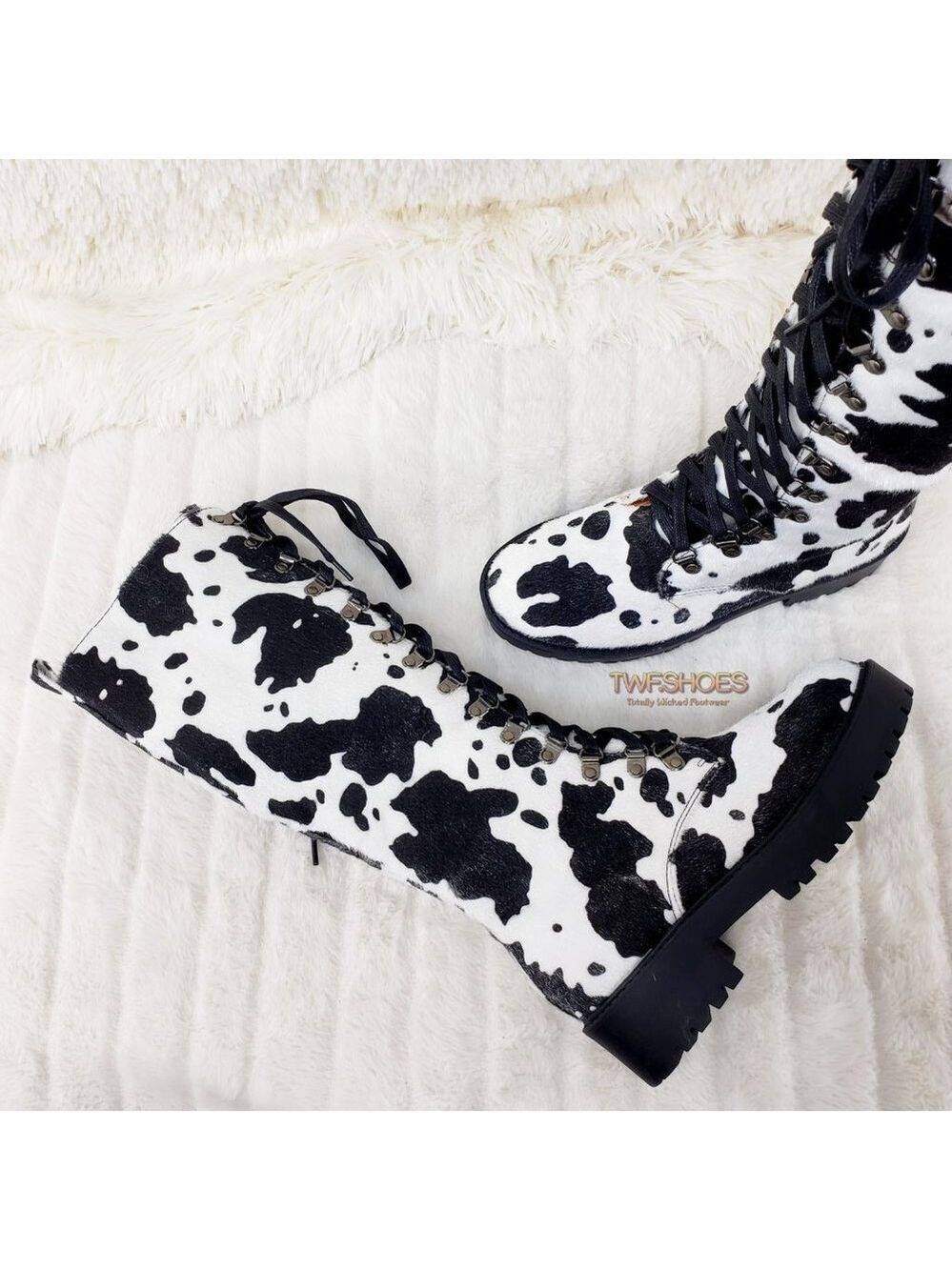 Savage Cow Combat Lace Up Knee Boots Faux Cow Print Brand New - Picture 5 of 16